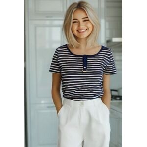 90s Lauren Ralph Lauren Stripe Tee Round Neck Short Sleeve Blue Gold Size Medium